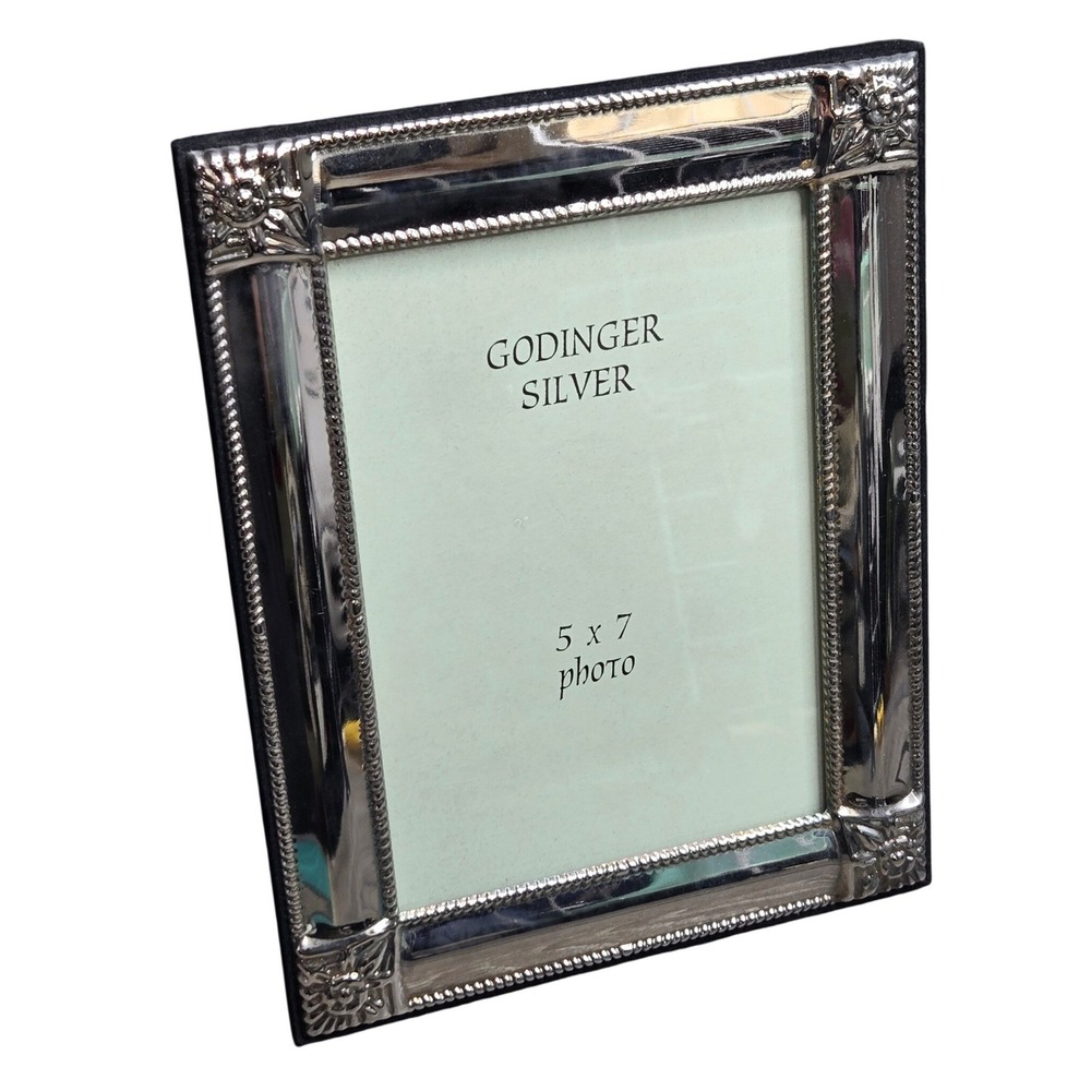 Godinger Silver Plated 5x7 Picture Photo Frame Beaded Trim Edge Floral Corner